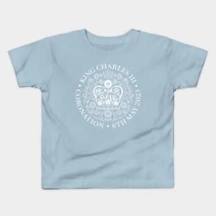 King Charles III Official Coronation Emblem white on dark blue Kids T-Shirt